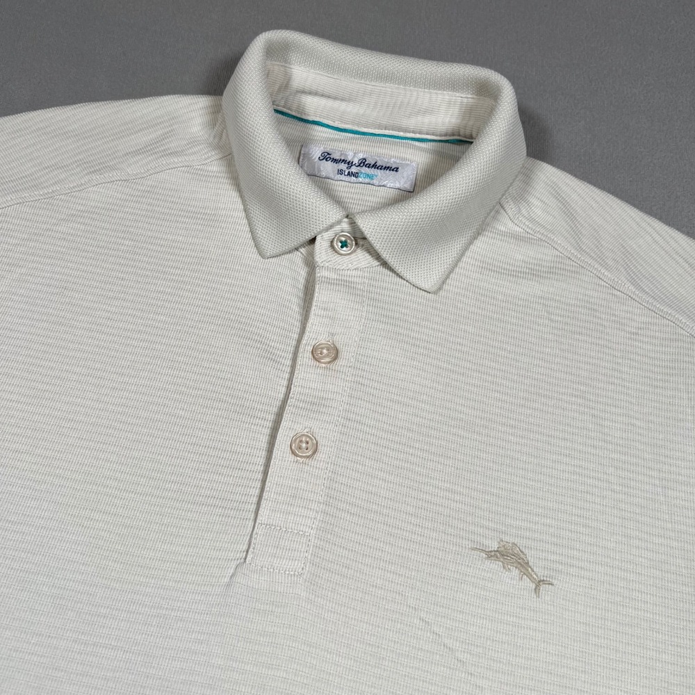 Tommy Bahama IslandZone Polo Shirt Size Medium Cream Textured Short Sleeve Golf
